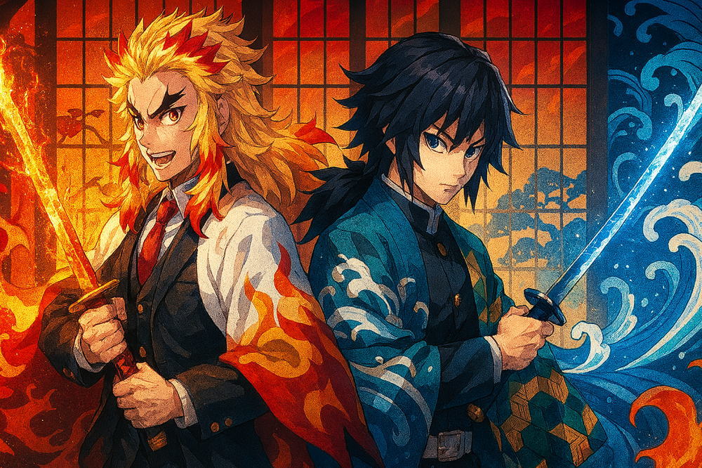 炎と水をまとった二人の剣士が背中合わせに構える