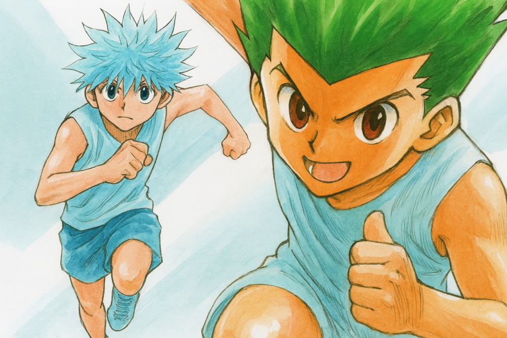 緑の髪の少年と水色の髪の少年が疾走するシーン