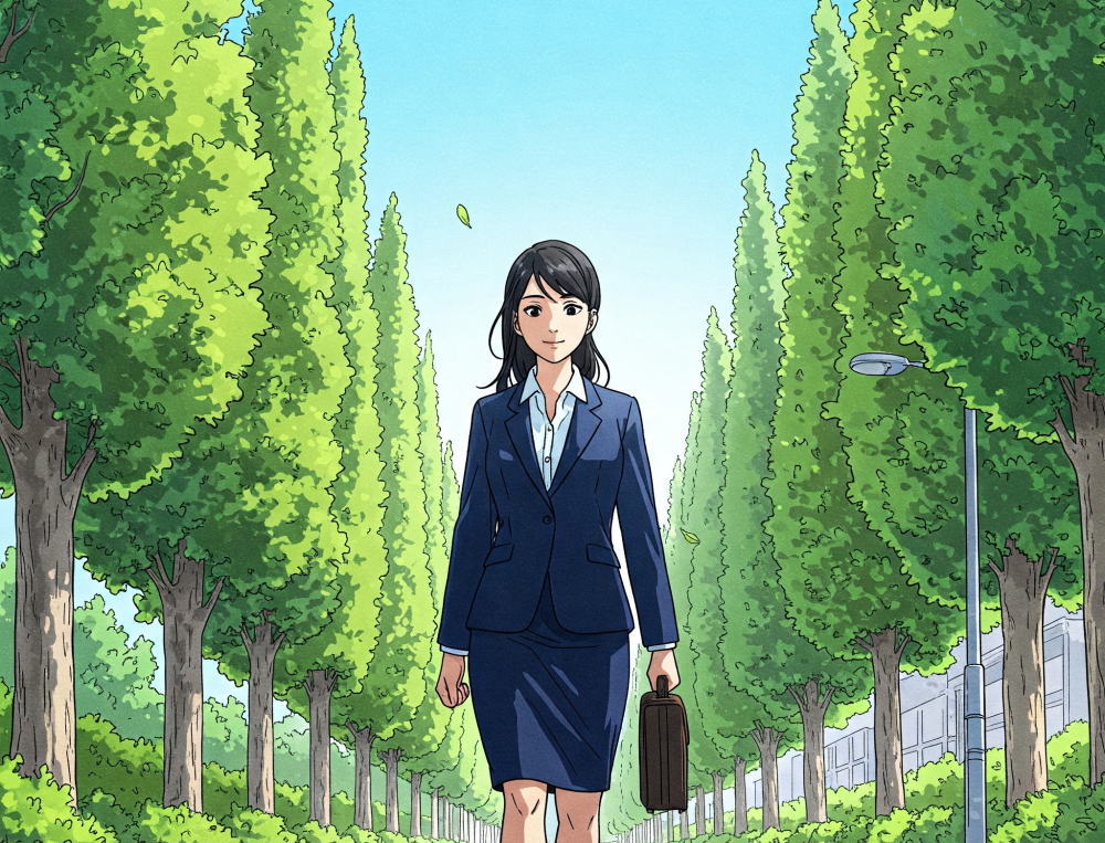 ポプラ並木を歩く紬(つむぎ)